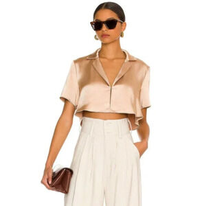 L’Academie Freja Satin Short Sleeve Crop Top Champagne Size XXS